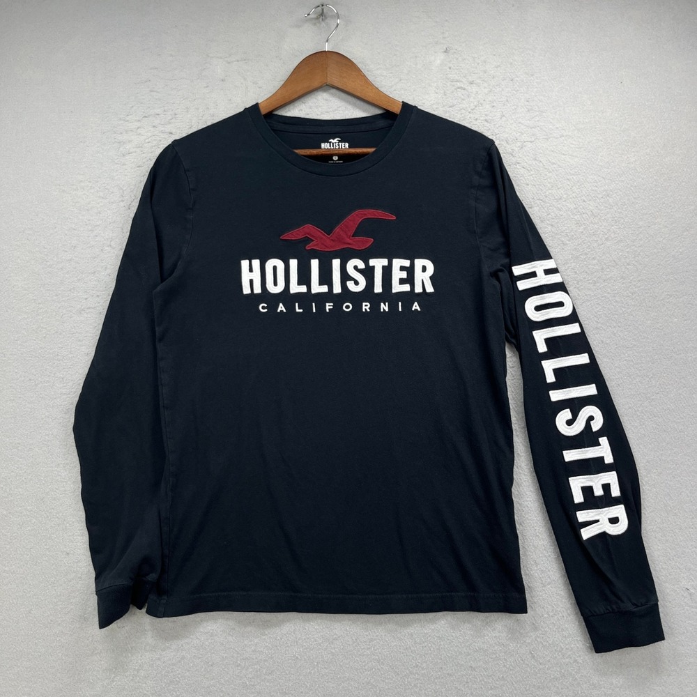 Hollister Long Sleeve T Shirt Mens S Black Graphic Crew California Surf Y2K Tee